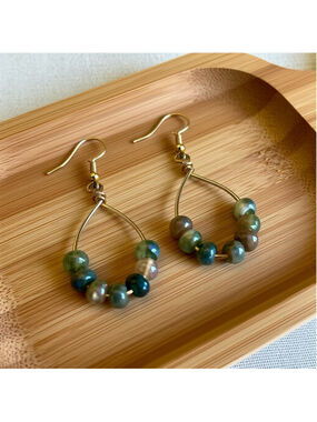Pearlized Jasper Earrings Gold Teardrop Wire Handmade Boho Dangle Artisan Jewelr